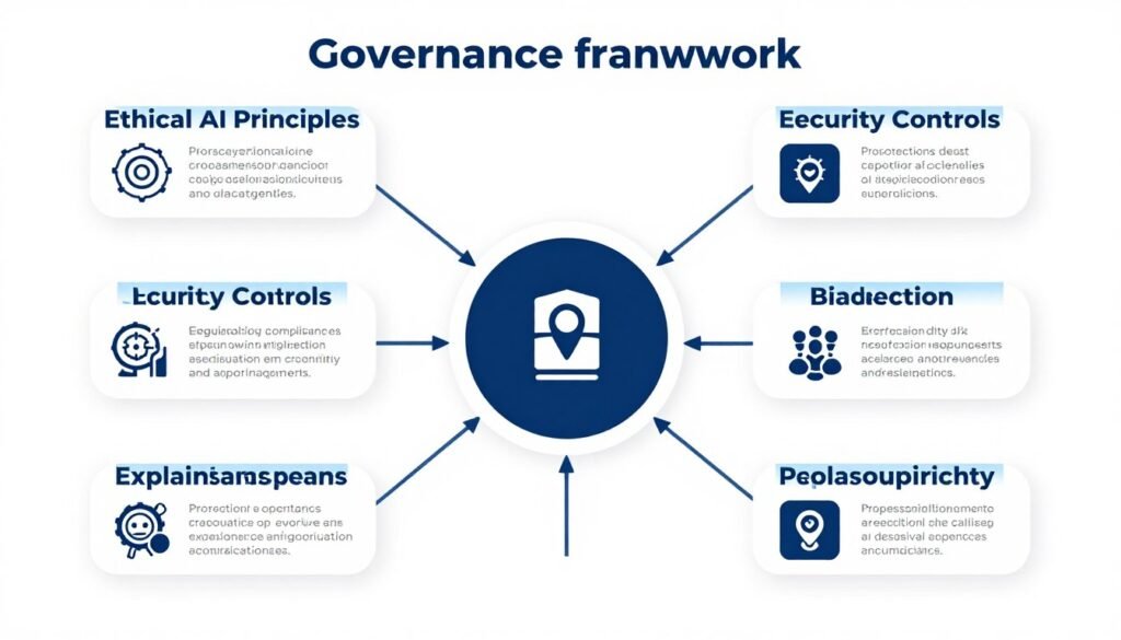 AI governance framework showing ethics, compliance, security, and risk management components