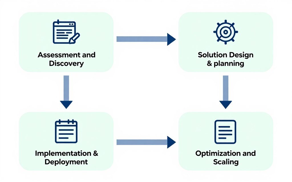 AI transformation methodology showing assessment, design, implementation, and optimization phases
