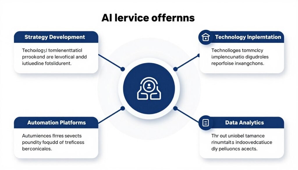 Array of AI consulting services including strategy, implementation, and automation solutions