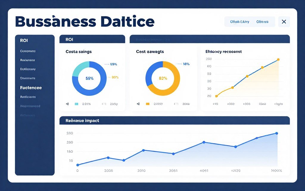 Business metrics dashboard showing ROI, efficiency gains, and performance improvements