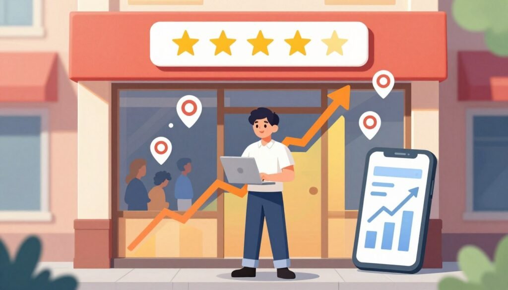 Business owner celebrating local SEO success with growing customer base and increased visibility