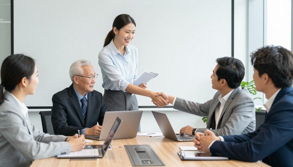Business partnership meeting between executives and consulting team