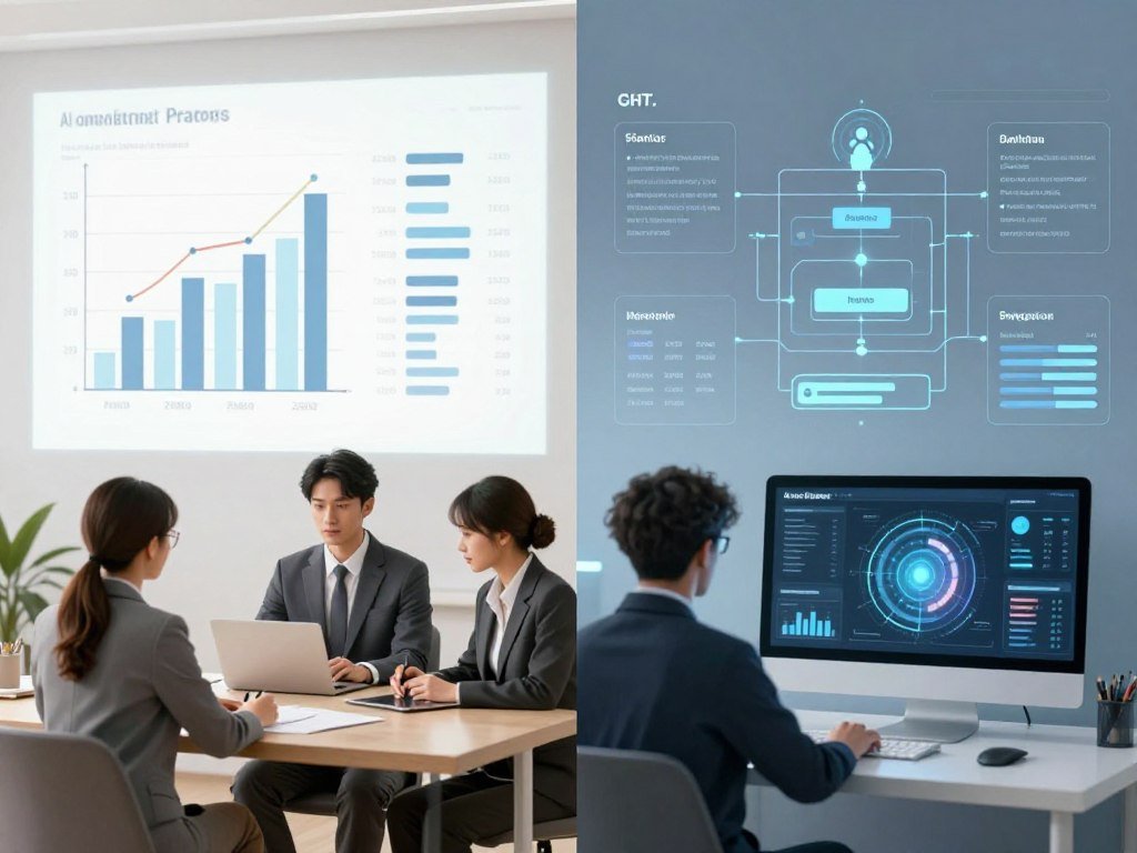 Business transformation through AI consulting showing growth charts and analytics dashboards