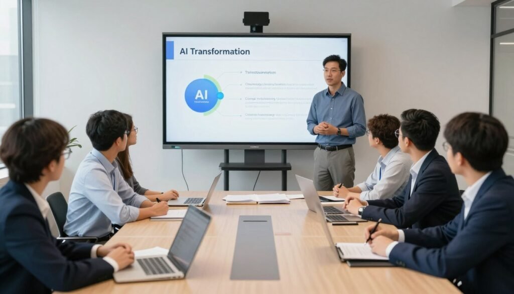 Change management workshop with diverse stakeholders discussing AI transformation