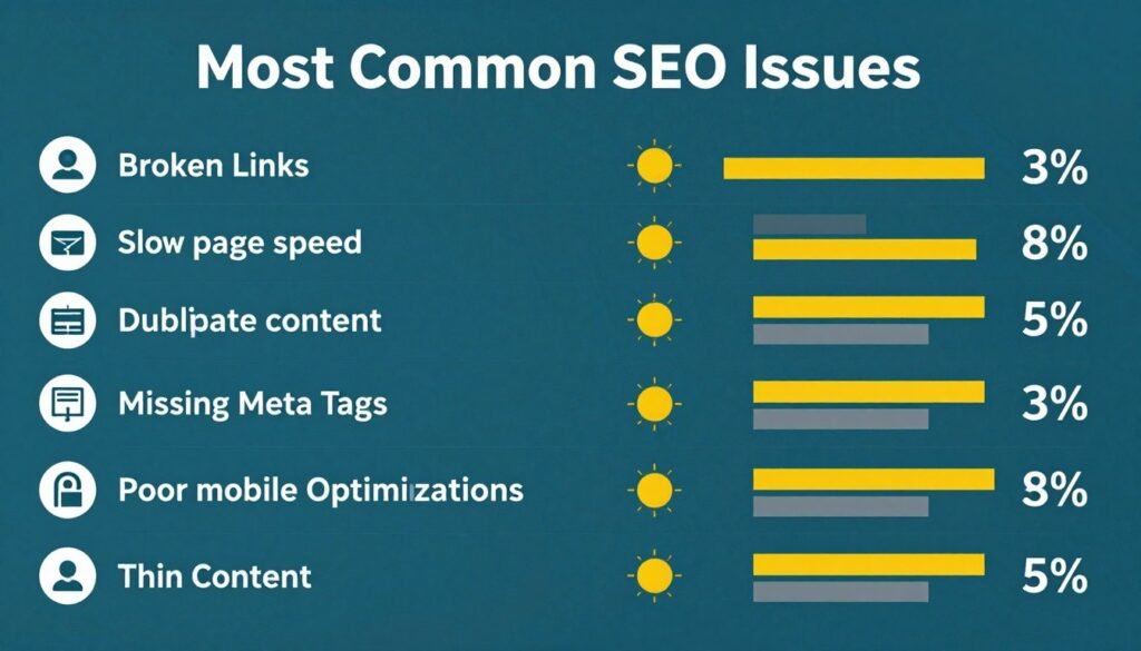 Common SEO problems found in website audits with priority ratings