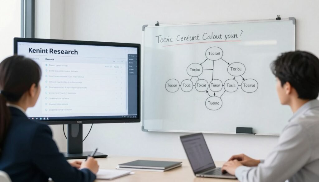 Content strategy planning session with keyword research and topic mapping