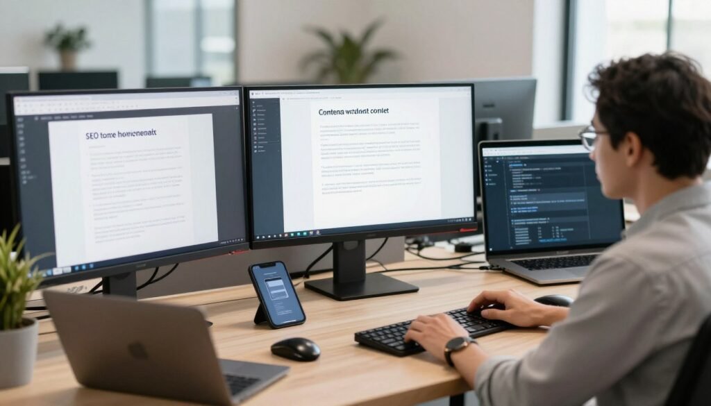 Content team creating optimized articles and landing pages
