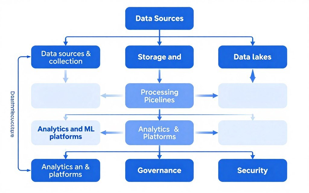 Data infrastructure architecture with collection, storage, processing, and analytics layers