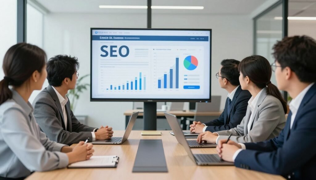 Enterprise SEO strategy meeting with executives reviewing search visibility data