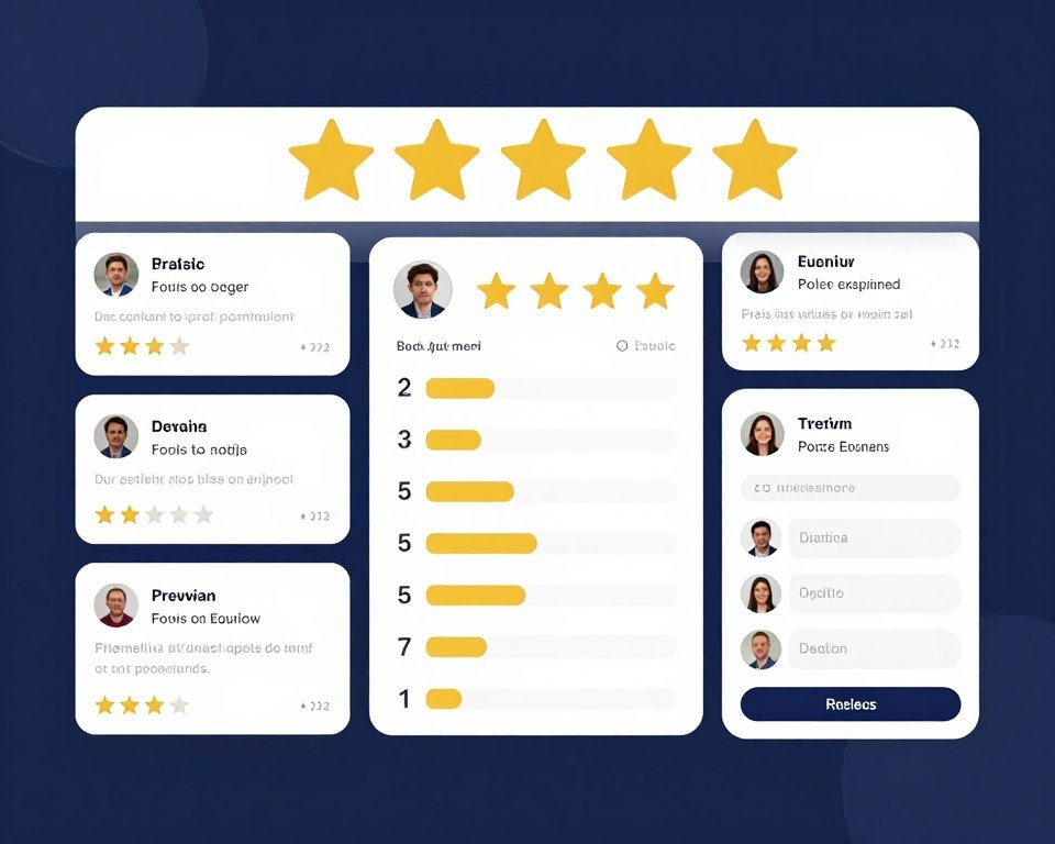 Five star rating display with customer review testimonials and rating breakdown