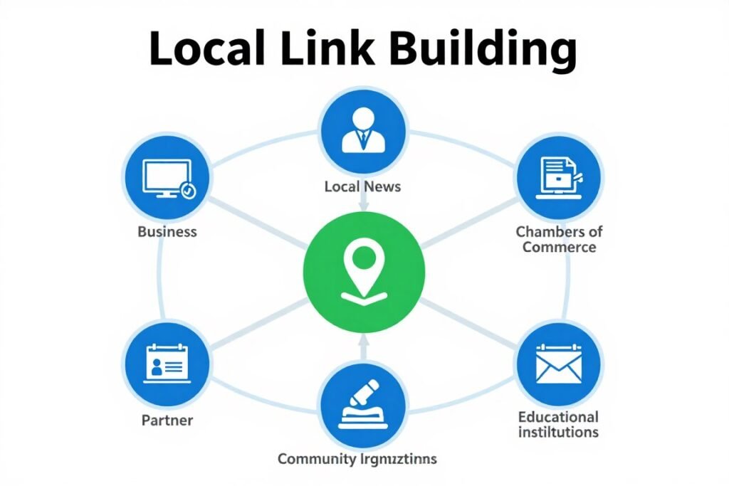 Link building outreach strategy showing local partnerships and backlink sources
