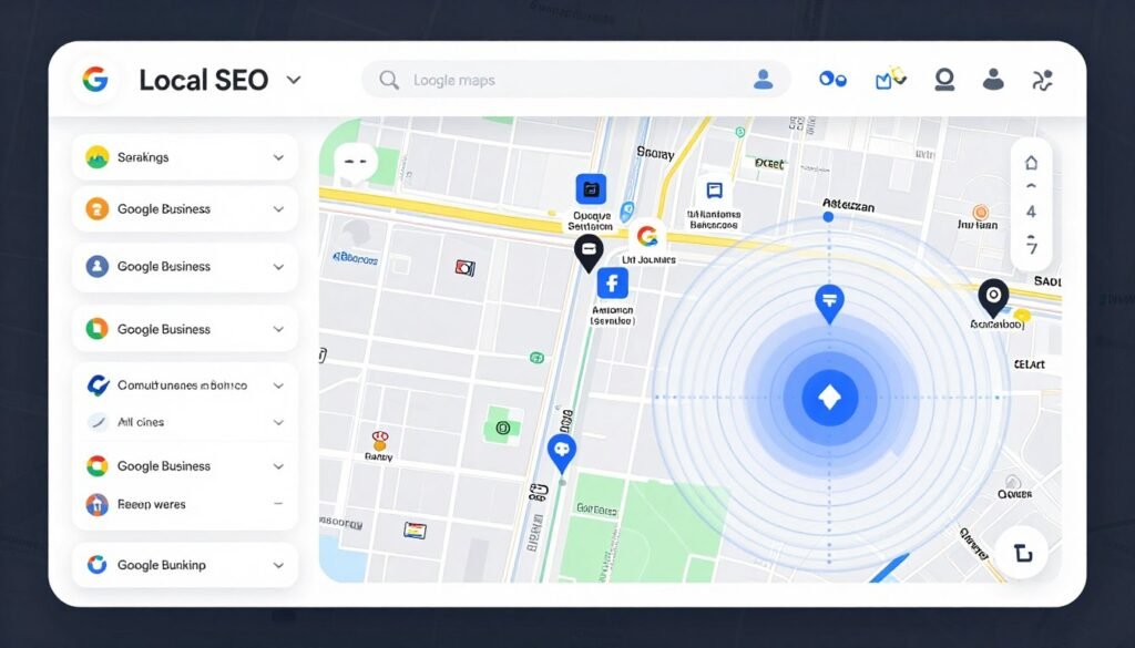 Local SEO map showing business locations and search rankings