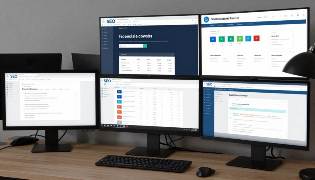 Professional SEO audit tools dashboard showing multiple analysis platforms