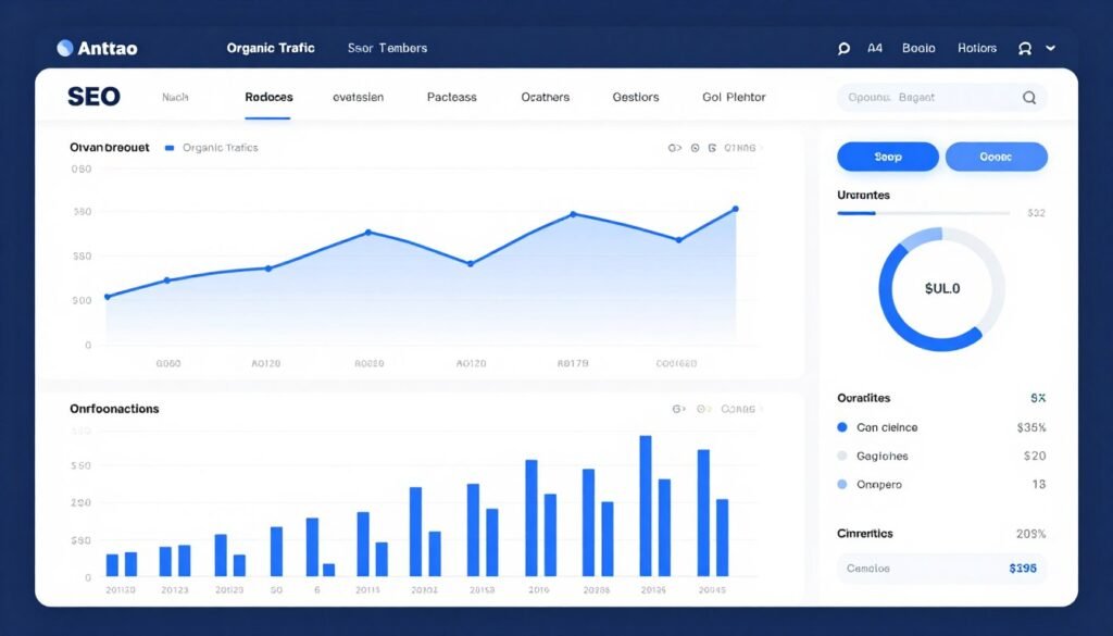 SEO analytics dashboard showing traffic, rankings, and conversion metrics