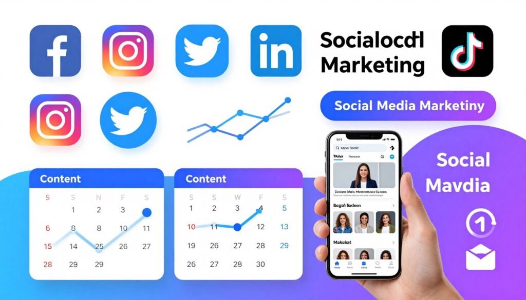 Social media marketing strategy showing multiple platform icons and engagement