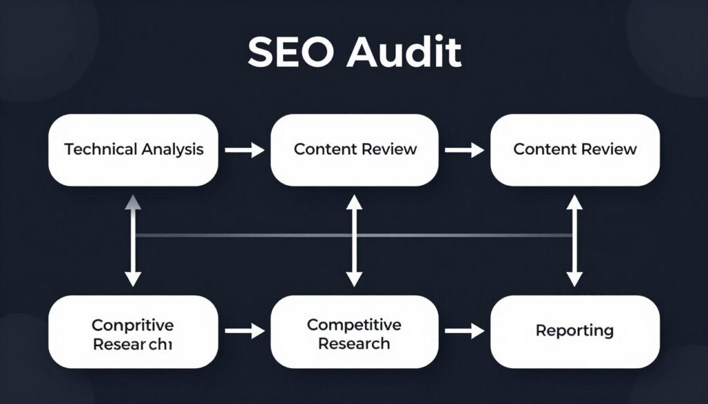Step-by-step SEO audit process flowchart showing analysis stages