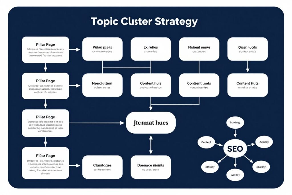 Topic cluster strategy visualization showing pillar content and supporting articles