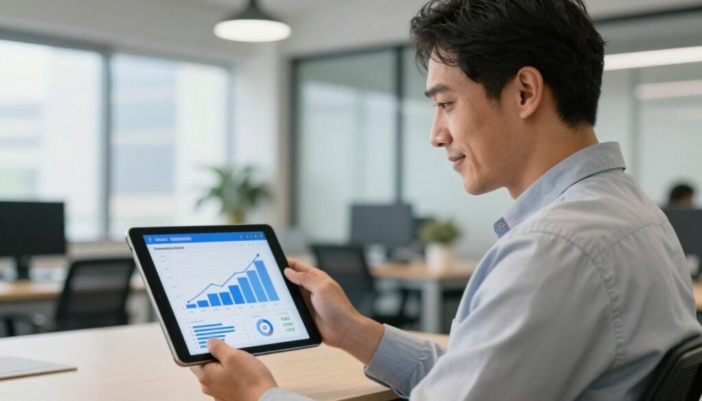 Business owner reviewing positive Facebook advertising results and growth metrics on tablet
