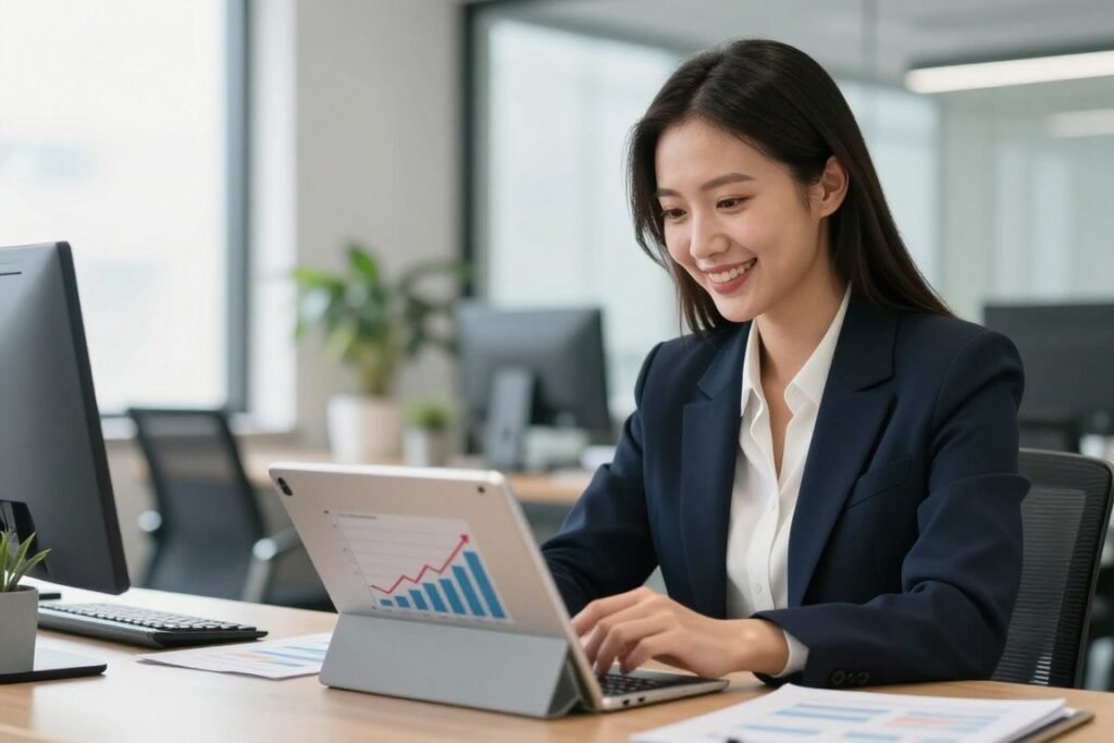 Business owner reviewing successful Instagram marketing campaign results on tablet