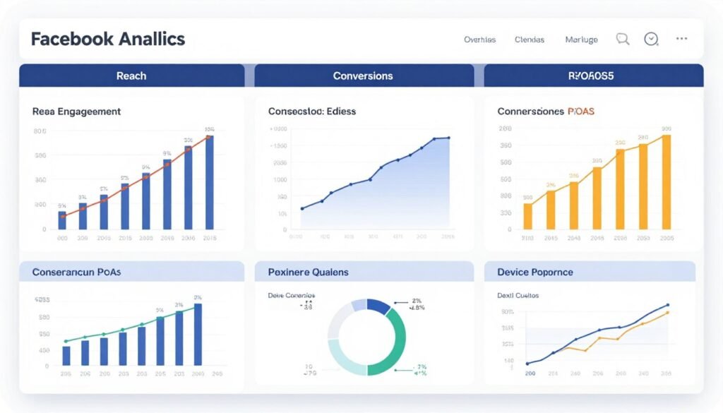 Dashboard showing Facebook advertising analytics with graphs, conversion metrics, and performance trends
