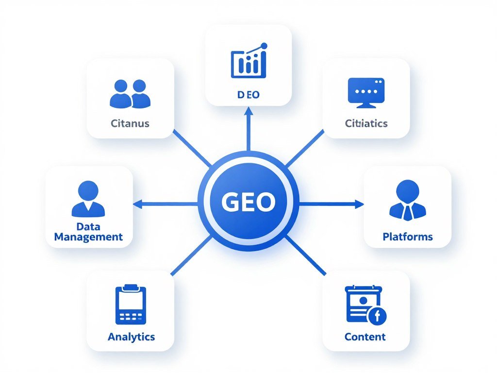 Diagram showing interconnected enterprise GEO components including data management, citations, and analytics