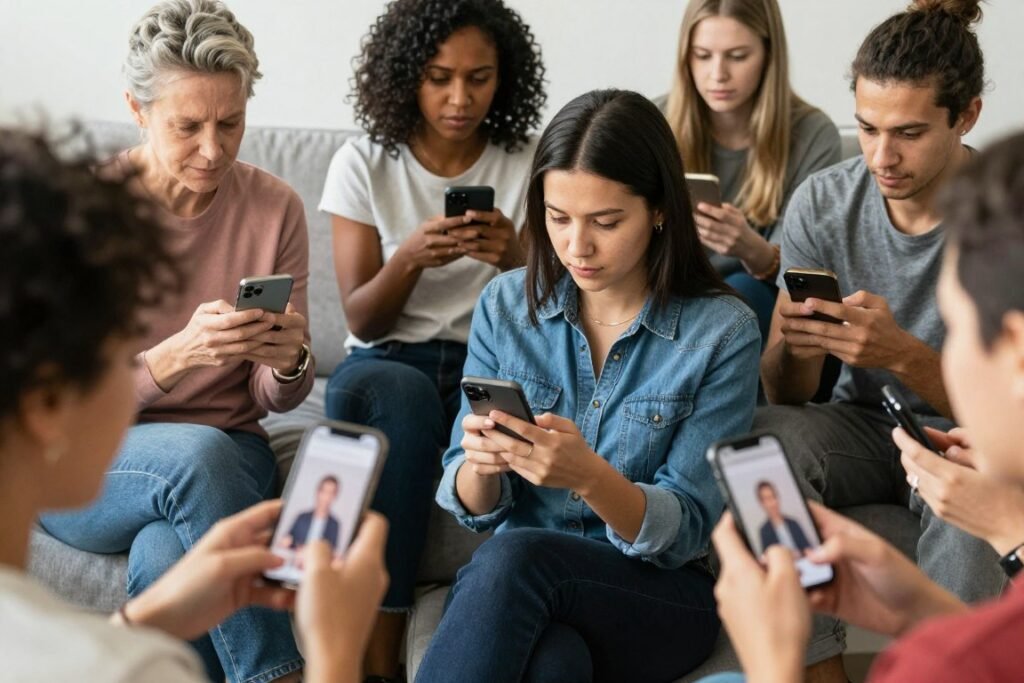 Diverse group of Instagram users engaging with content on mobile devices
