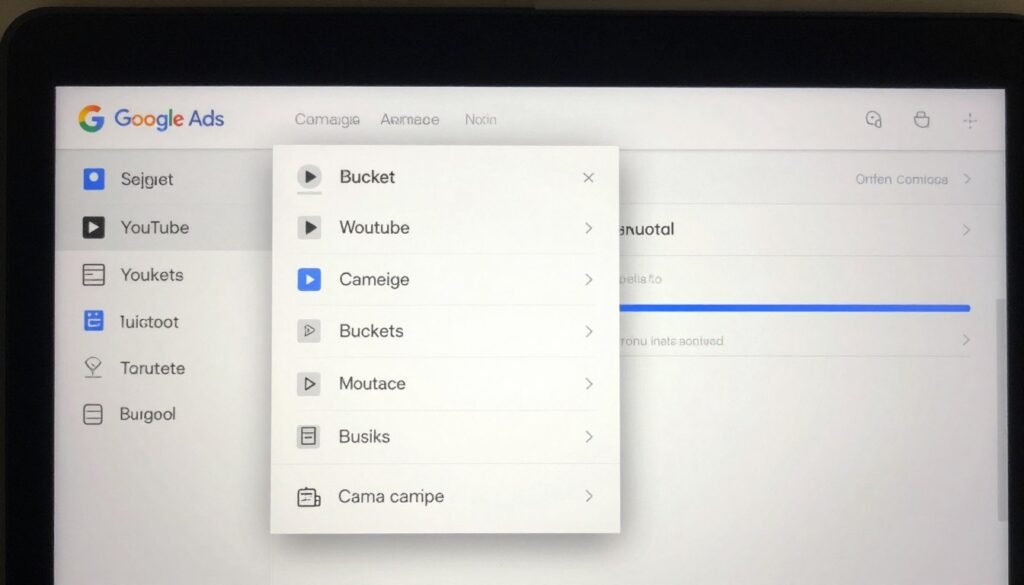 Google Ads account interface showing YouTube campaign setup options