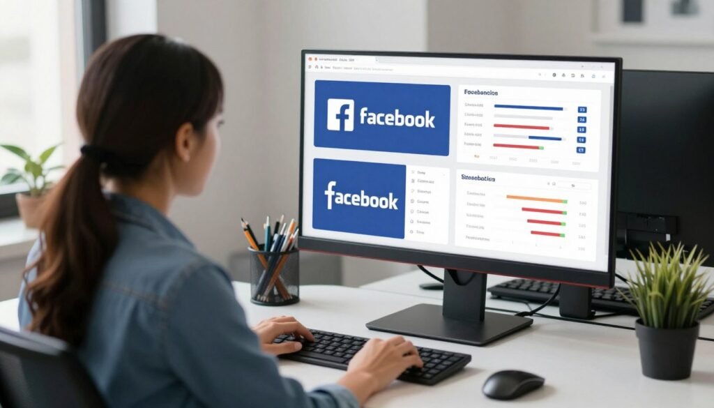 Marketing professional reviewing Facebook ad creative designs and performance analytics on desktop computer