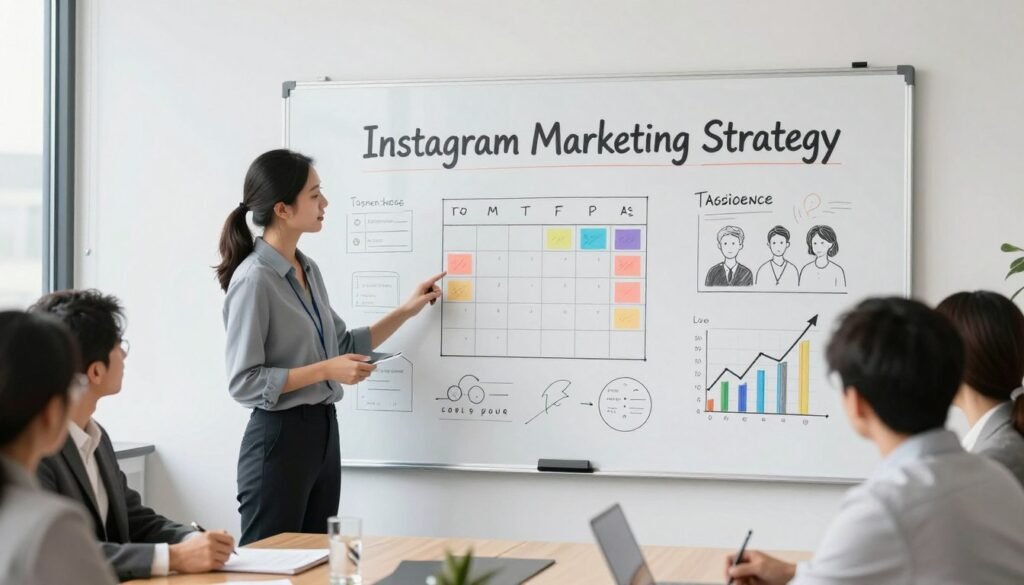 Marketing strategist presenting Instagram strategy on whiteboard