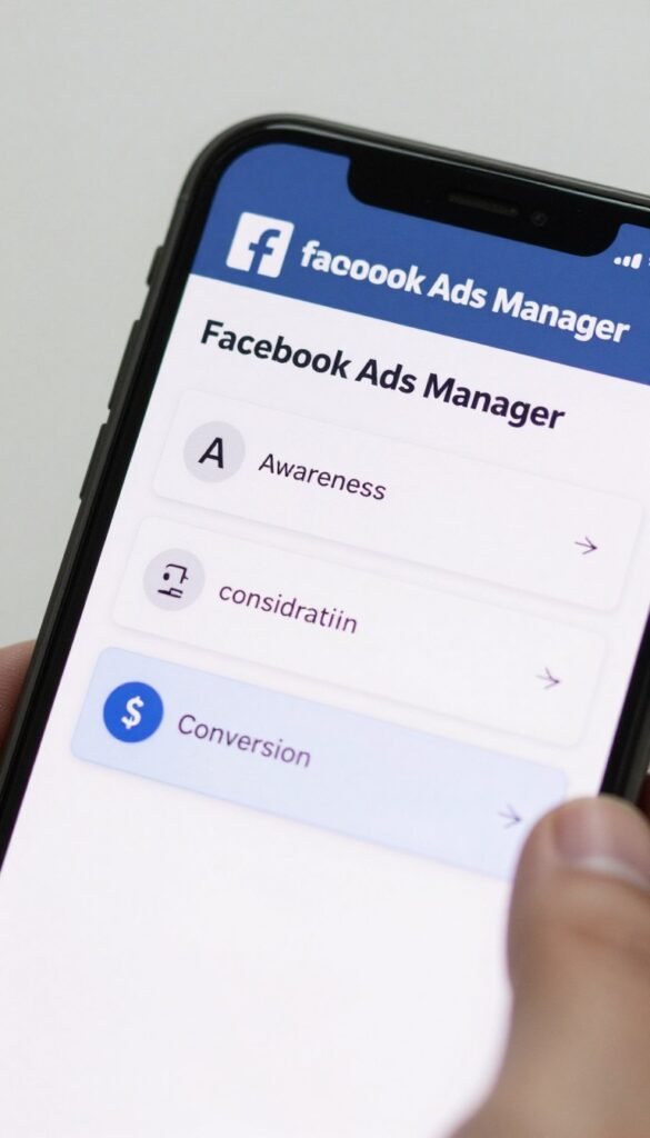 Mobile phone displaying Facebook Ads Manager campaign objective selection screen