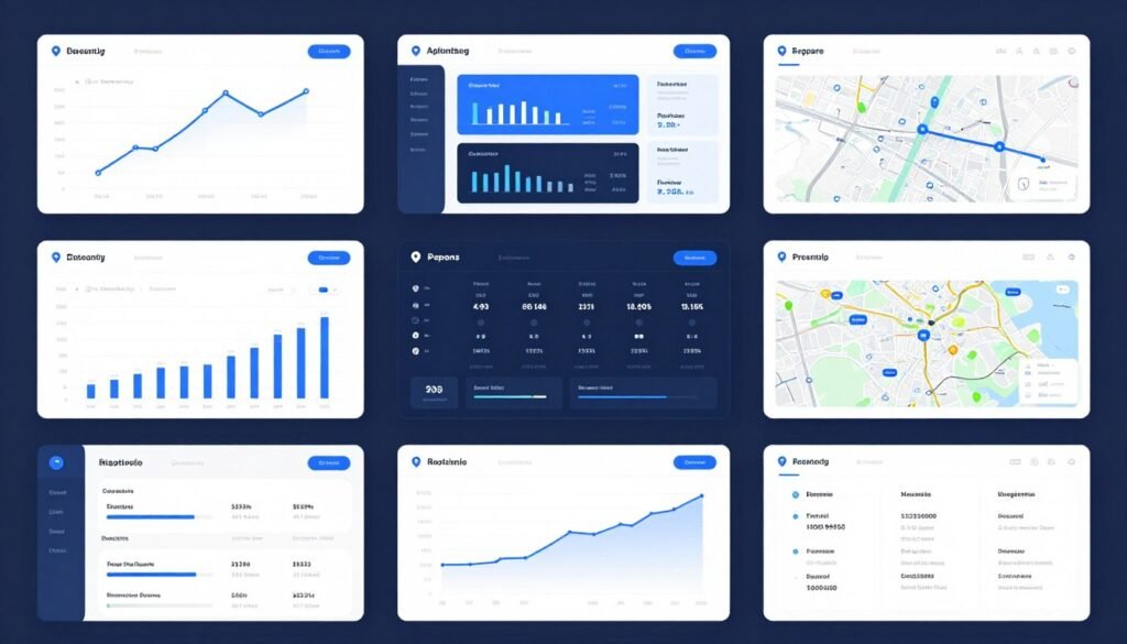 Modern enterprise software platform interface showing multi-location management dashboard and analytics