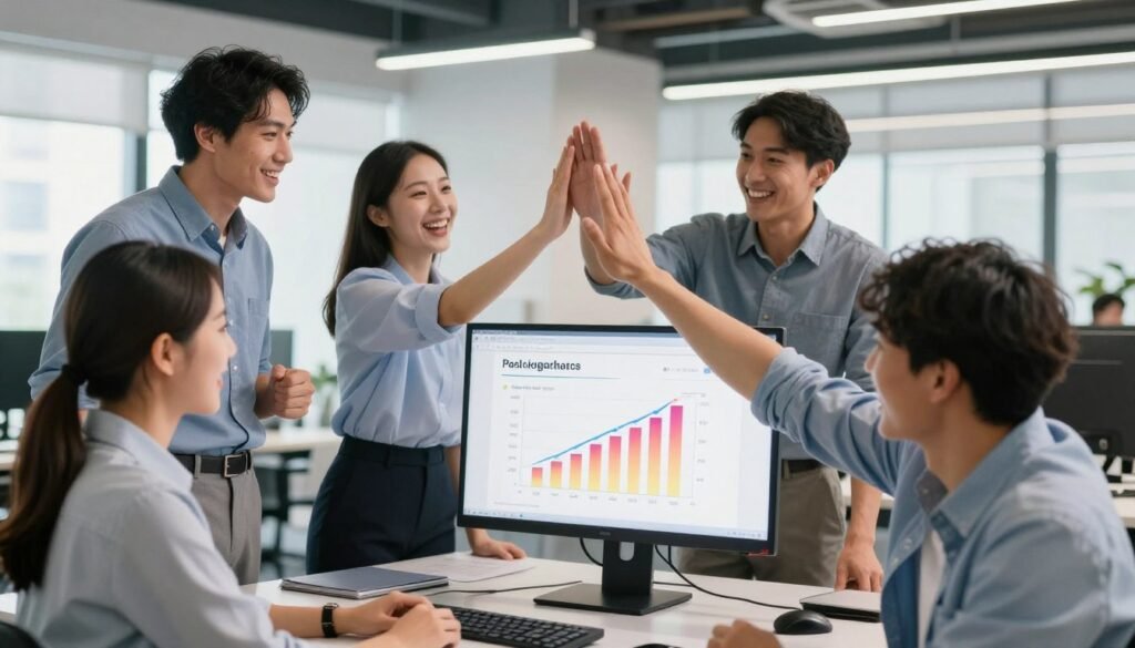 Professional Instagram marketing team celebrating client success