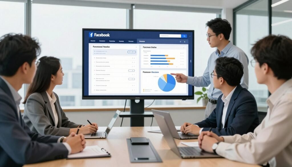 Professional meeting between marketing team and business owner discussing Facebook advertising strategy