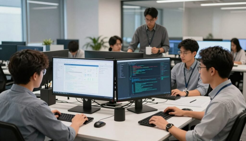 Software development team working on AI integration code