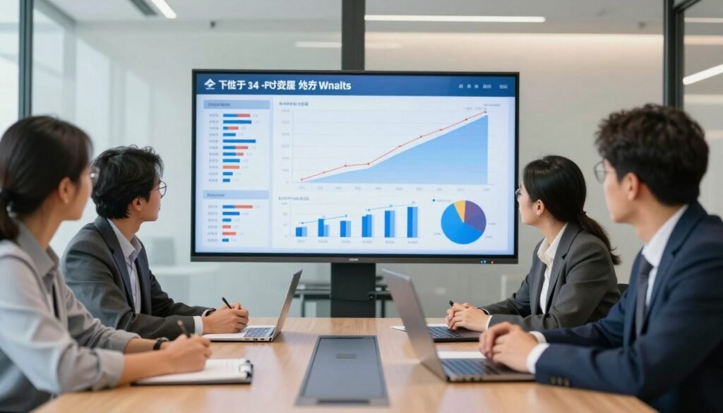 Strategic planning meeting with executives reviewing enterprise GEO performance metrics and growth charts