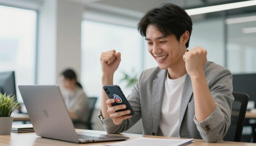 Successful business owner celebrating Instagram marketing success
