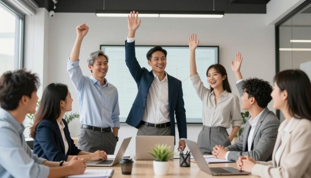 Successful business team celebrating AI integration project completion