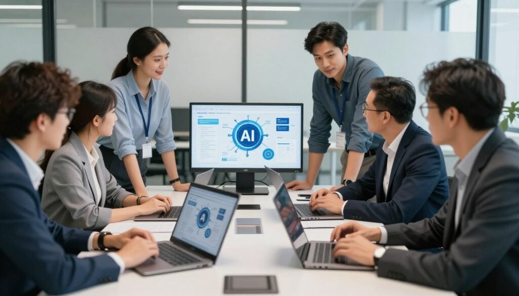 Team of AI integration specialists collaborating on business solution