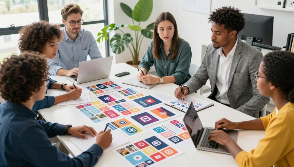 Team of Instagram marketing specialists collaborating on content strategy