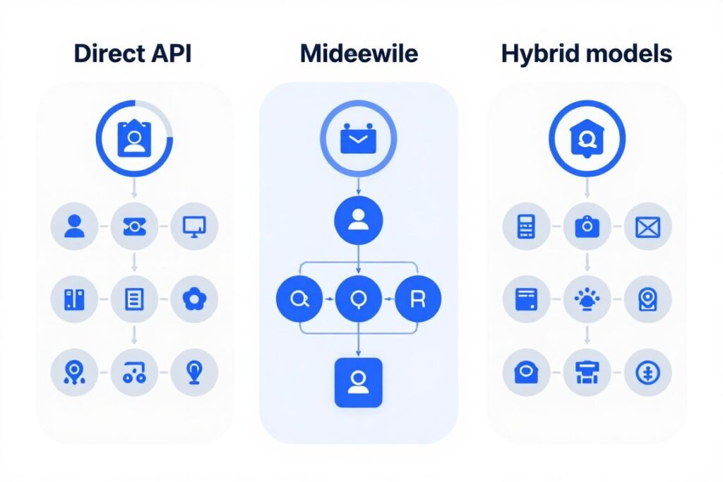 Three different AI integration architecture models compared side by side