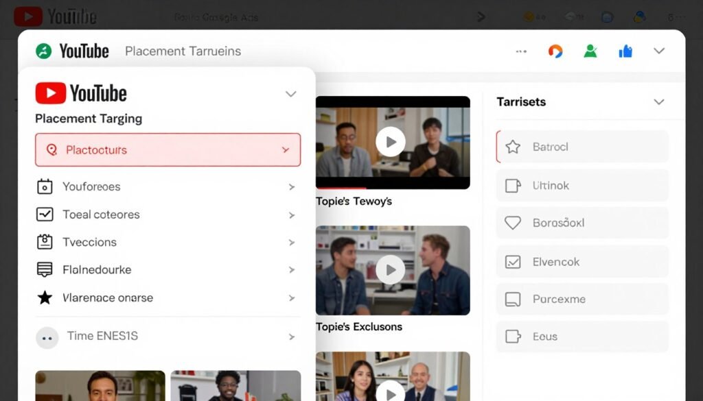 YouTube ad placement targeting showing channel and video selection options